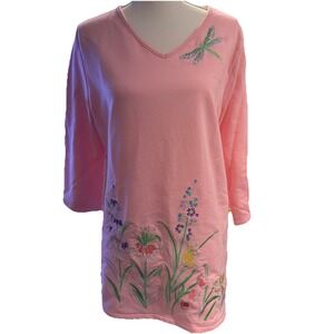 Quacker Factory Embroidered 3/4 Sleeve Top Flowers Dragonfly Sparkle Size Large